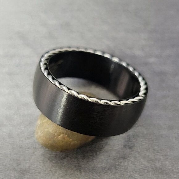 Black Wire Cable Inlay Wedding Band Promise Ring - Picture 3 of 4